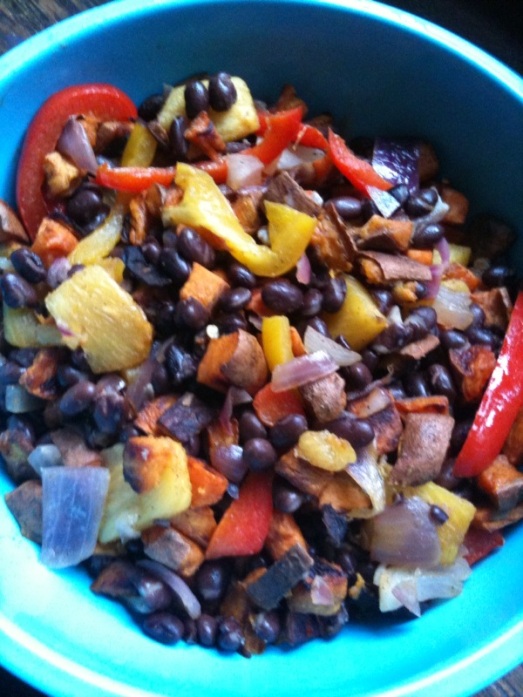 Roasted sweet potatoes, pineapple, peppers and onions with black beans